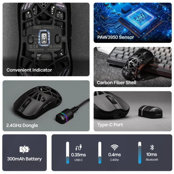 EPOMAKER Carbon X Wireless Gaming Mouse PAW3950 Sensor 30000 DPI Wired 2.4G Bluetooth
