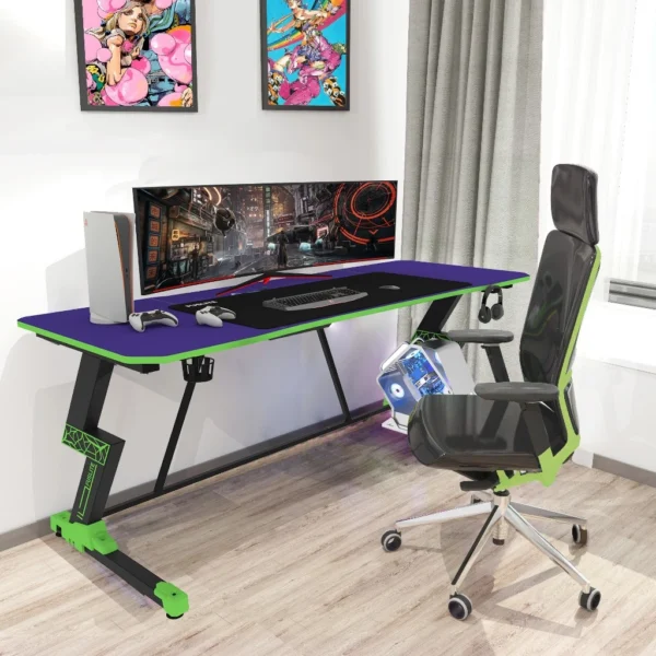 FUSLITE 160cm Gaming Desk Z-Shaped Computer Table with Cup Holder Headphone Hook & Cable Management