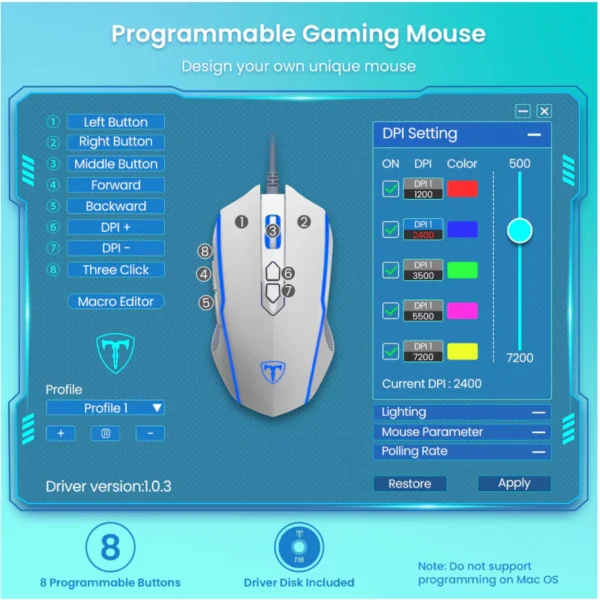 VicTsing T16 Wired Gaming Mouse 8 Programmable Buttons 7200 DPI USB RGB Mouse for PC